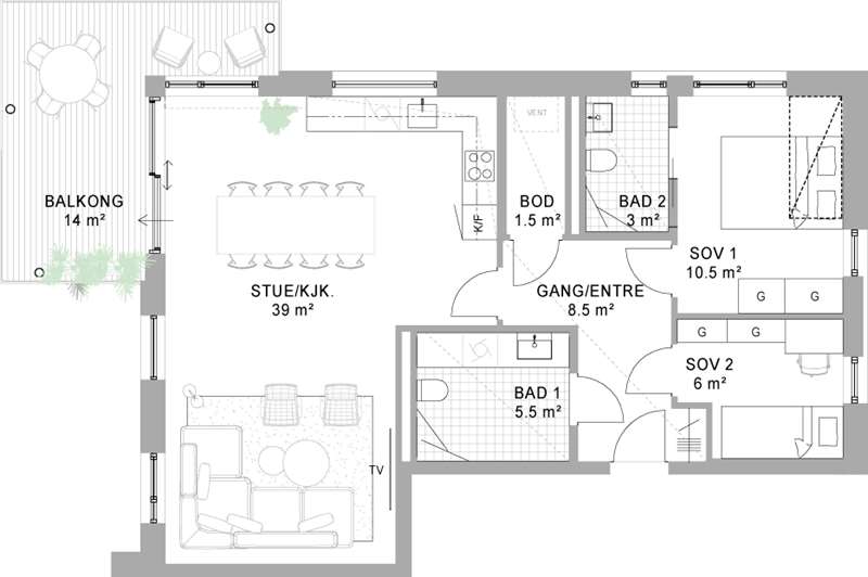 Alternativ planløsning: 3-roms leilighet mot ekstra kostnad